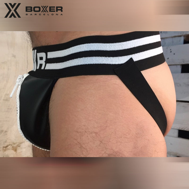 BOXER - Sexy Jock - BIG ZIP Leatherette Jockstrap - Black/White