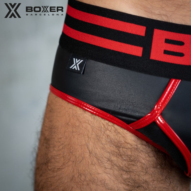 BOXER - Sexy Y Front Leatherette Brief - Black/Red