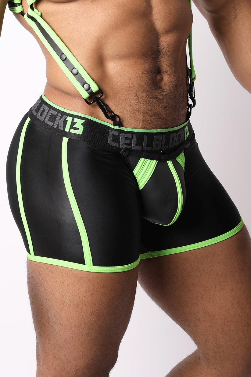 CELLBLOCK 13 - High Bar Neoprene Zipper Trunk with Detachable Pouch & Cock Ring - Green