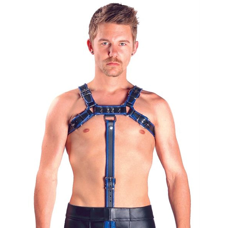 Mister B Leather Chest Harness Extension Strap With Cockring - Blue