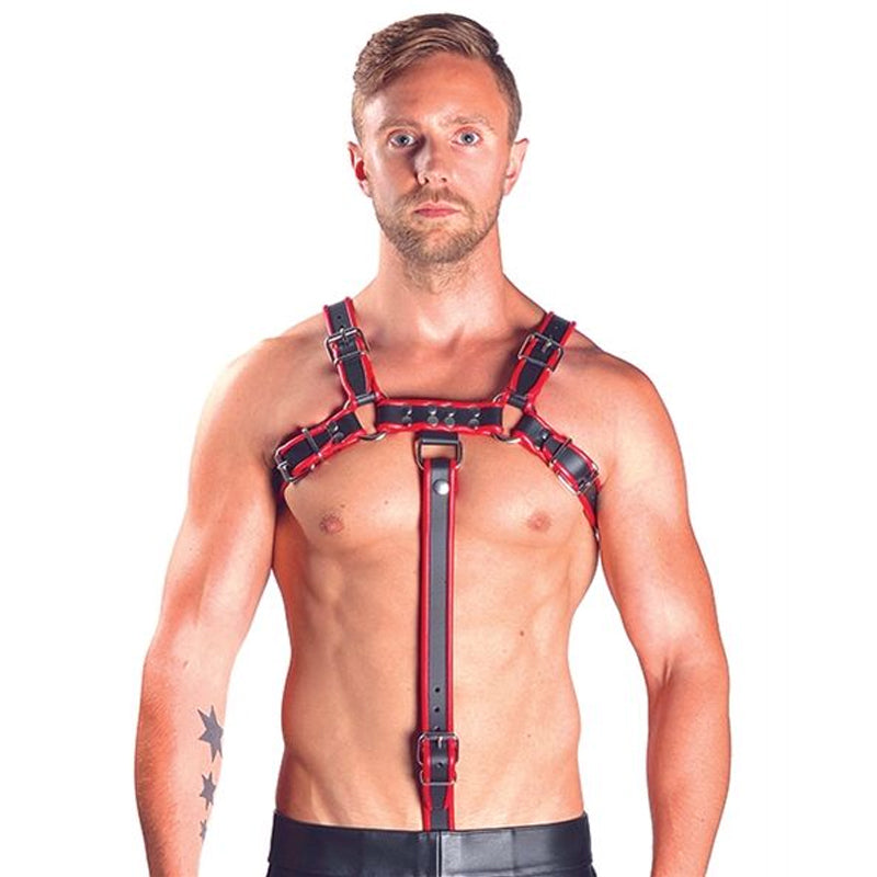 Mister B Leather Chest Harness Extension Strap With Cockring - Red