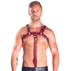 Mister B Leather Chest Harness Extension Strap With Cockring - Red