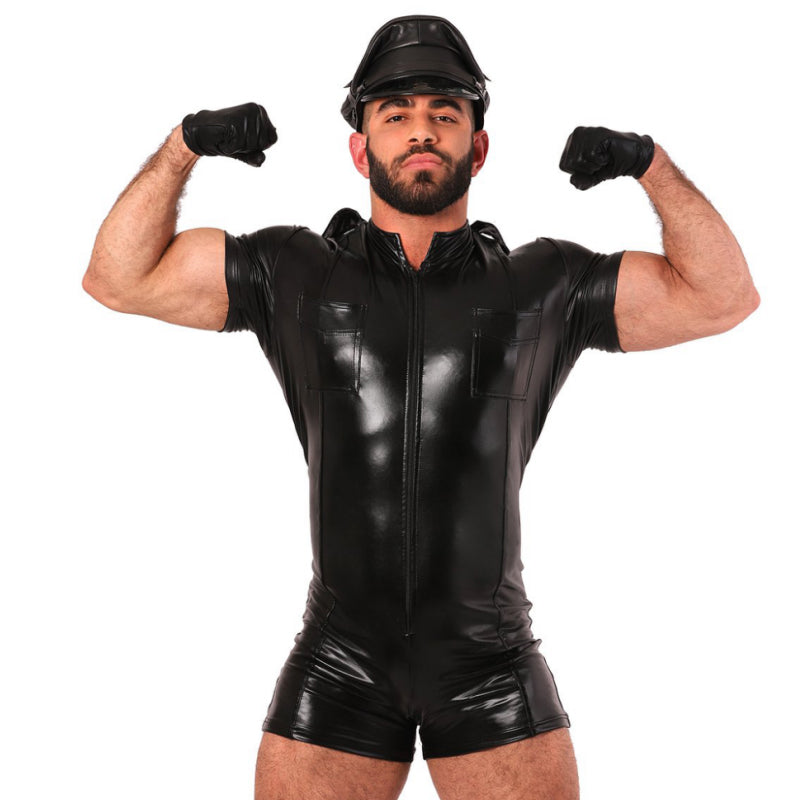 Fetish Policemen Soft PU Leather Bodysuit with Hat and Gloves