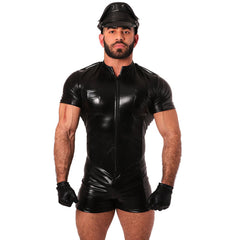 Fetish Policemen Soft PU Leather Bodysuit with Hat and Gloves