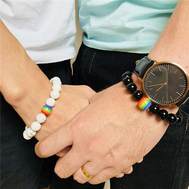 Pride Rainbow Bead Bracelet Natural Stone Black Big